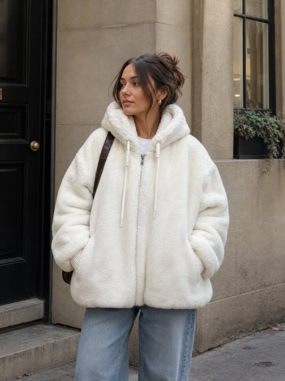NWOT Korean White Plush Hooded Zip Up Jacket Oversized Cozy Fuzzy Outerwear OS